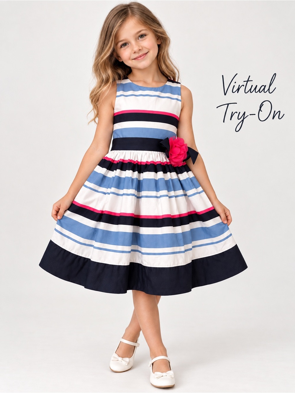 The Children’s Place Girls 6X/7 Striped Party Dress Flower Sash Fit & Flare